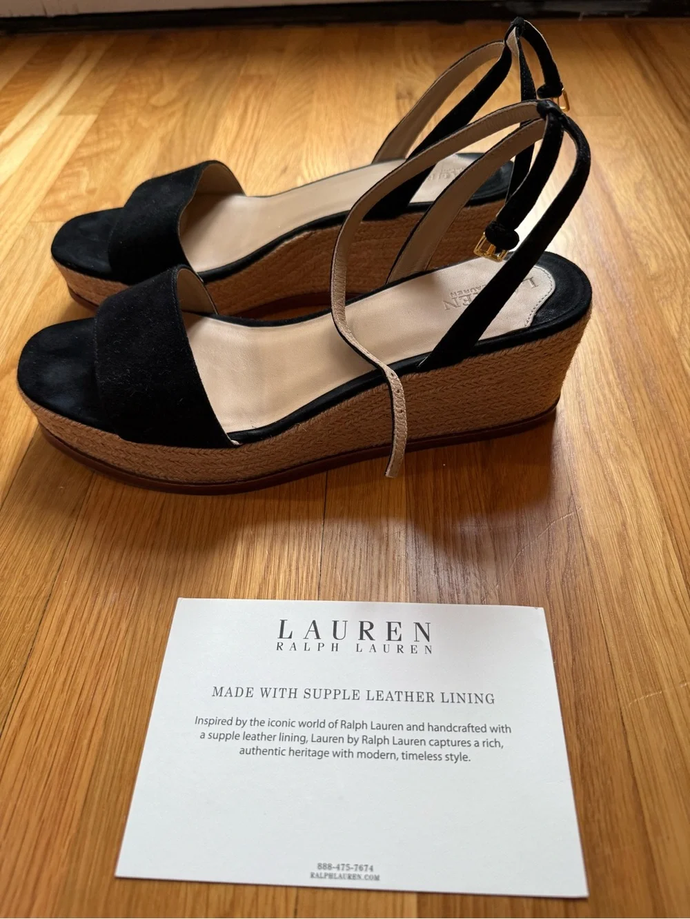 Ralph Lauren Black Suede Espadrille Wedge Sandals with Ankle Strap